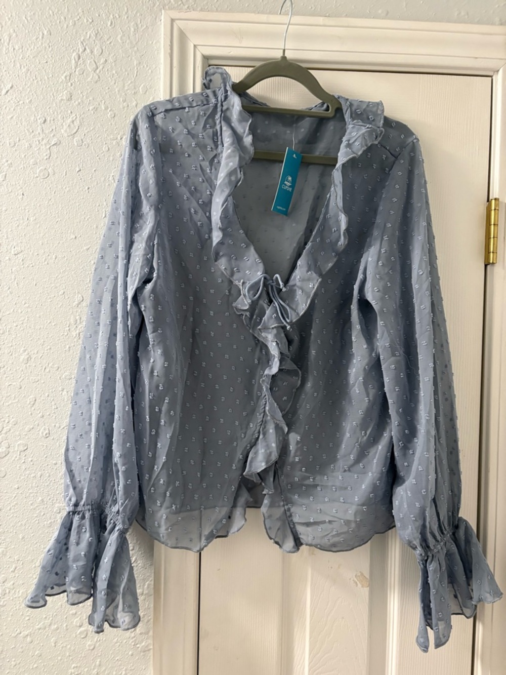 Cupshe Powder Blue Sheer Ruffle-Trim Blouse